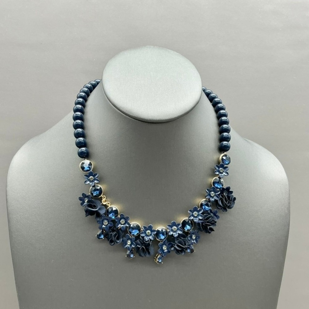 Ann Taylor Necklace Navy Blue Crystal Floral Fabric Flower Statement Signed 16"